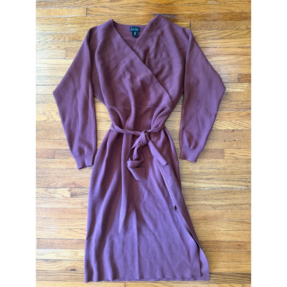 Nicole Miller New York Plum Purple Knit Wrap Midi Sweater Dress Womens Medium